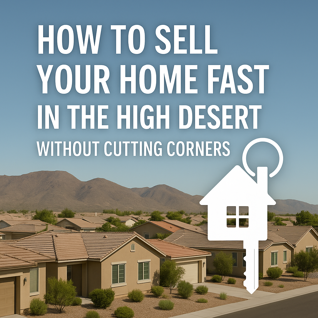 A digital image showing a sunny High Desert neighborhood with tan stucco homes and mountain views, overlaid with text reading “How to Sell Your Home Fast in the High Desert Without Cutting Corners” and a graphic of a house key.