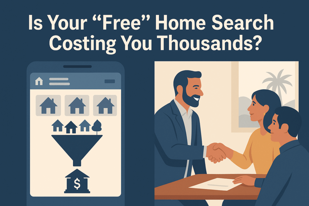 Illustration split in two showing a mobile home search funneling leads into a mortgage on one side and a friendly local real estate agent meeting with homebuyers at a table on the other, with the headline “Is Your ‘Free’ Home Search Costing You Thousands?”