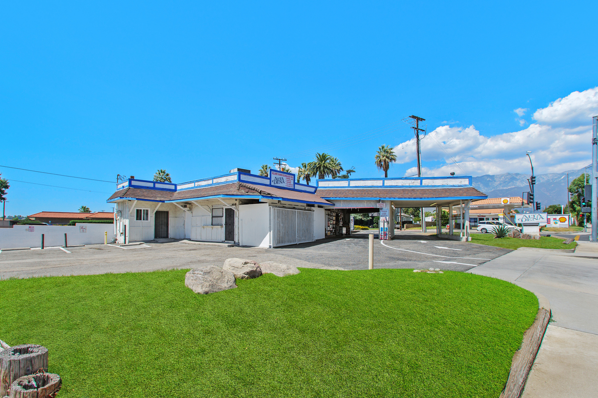 Aerial view of Archibald Avenue and San Bernardino Road corner commercial property