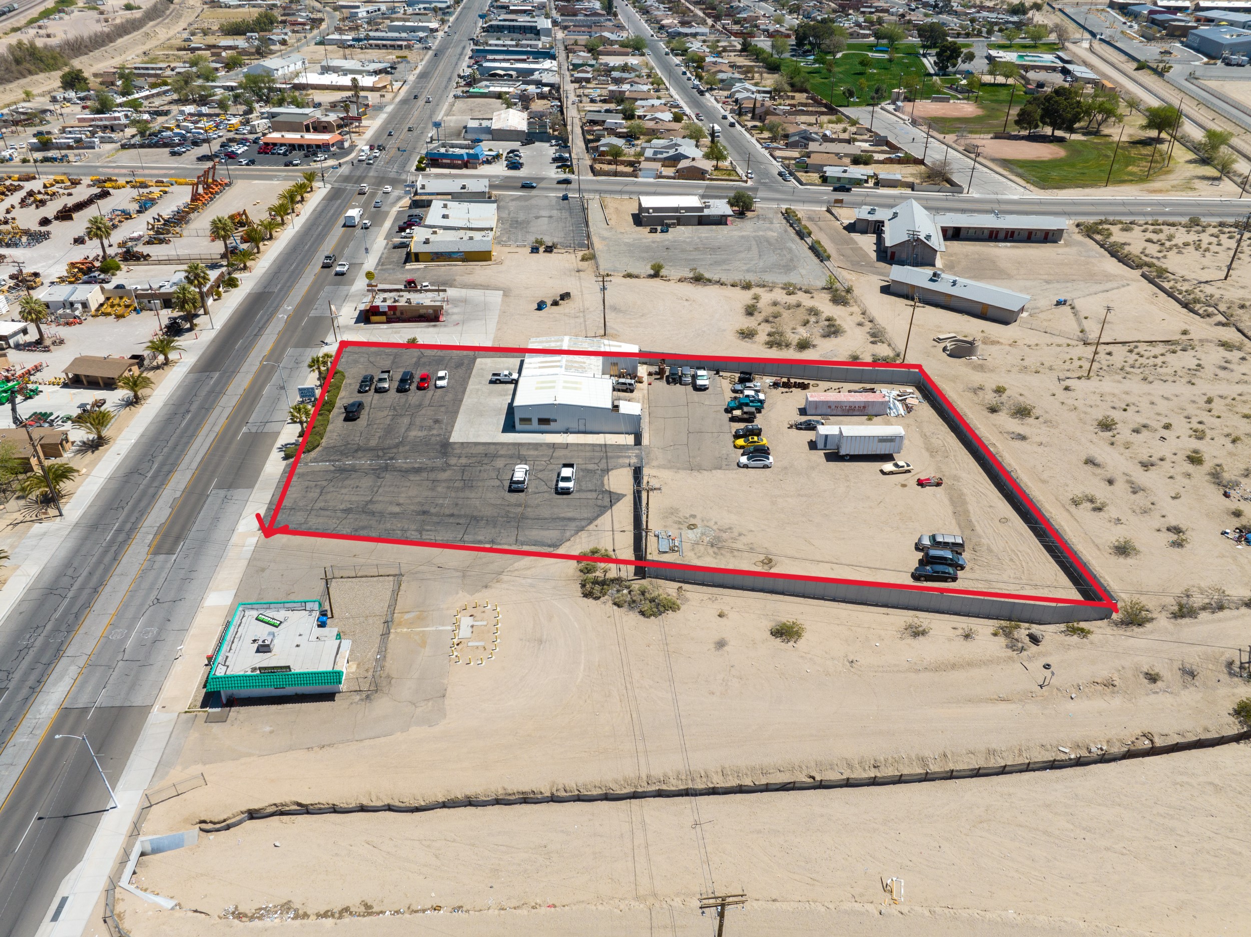 Aerial view of 1720 W Main Street Barstow auto repair property and surrounding commercial land